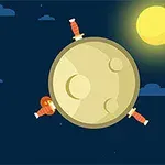 Yötaivas, jossa keltainen kuu ja kolme tikkaa kiinni kuussa sekä kirkas aurinko taustalla
