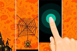 Oranssi tausta, jossa hämähäkit ja hämähäkinseitit, sekä sormi koskettamassa mustaa ruutua