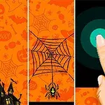 Oranssi tausta, jossa hämähäkit ja hämähäkinseitit, sekä sormi koskettamassa mustaa ruutua
