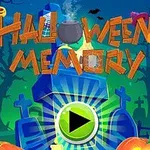 Värikäs Halloween-aiheinen kuva, jossa on kurpitsoja, hautakiviä, noidankattila ja suuri vihreä toistopainike keskellä