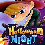 Animoitu hahmo lentää luudalla täysikuun edessä, taustalla Halloween-kurpitsa ja linna