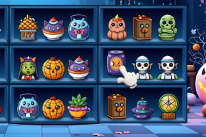Hylly täynnä värikkäitä ja söpöjä Halloween-aiheisia koriste-esineitä, kuten kurpitsalyhtyjä ja luurankoja