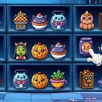 Hylly täynnä värikkäitä ja söpöjä Halloween-aiheisia koriste-esineitä, kuten kurpitsalyhtyjä ja luurankoja
