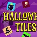 Violetti tausta, jonka keskellä lukee HALLOWEEN TILES, ympärillä noidan pata, karkkikeppi, haamu, noidan hattu, kurpitsa ja lepakko