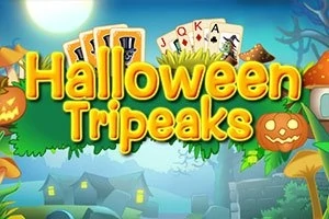 Kirkkaasti valaistu Halloween-aiheinen maisema, jossa on kurpitsalyhtyjä, pelikortteja ja värikäs teksti Halloween Tripeaks