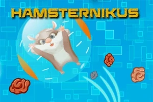 Hamsteri pyörii kirkkaassa pallossa sinisellä taustalla, jossa on neliökuvioita, ja ympärillä leijuu erilaisia aivoja