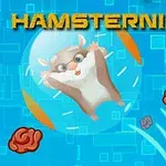 Hamsteri pyörii kirkkaassa pallossa sinisellä taustalla, jossa on neliökuvioita, ja ympärillä leijuu erilaisia aivoja