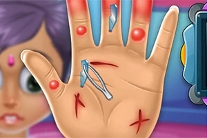 Hand Doctor Piirretty kuva kädestä, jossa on haavoja, tikkuja ja punaisia näppylöitä