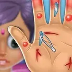 Hand Doctor Piirretty kuva kädestä, jossa on haavoja, tikkuja ja punaisia näppylöitä