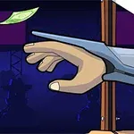 Käsi, joka yrittää tavoitella lentävää seteliä giljotiinin alta