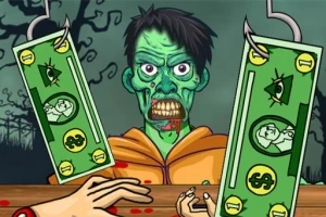 Zombi hahmo edessä roikkuvat dollarin setelit koukuissa, pimeä metsä taustalla