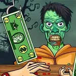 Zombi hahmo edessä roikkuvat dollarin setelit koukuissa, pimeä metsä taustalla