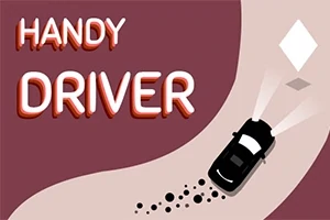 Mustalla autolla ajava tie, säteenä valaiseva ajovalo ja teksti HANDY DRIVER punaisella taustalla
