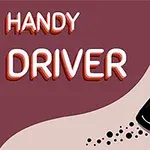 Mustalla autolla ajava tie, säteenä valaiseva ajovalo ja teksti HANDY DRIVER punaisella taustalla