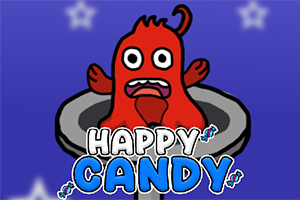 Punainen hahmo suu auki istuu harmaassa alustassa sinisellä taustalla, jossa on tähtiä, ja Happy Candy -teksti alareunassa