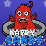 Punainen hahmo suu auki istuu harmaassa alustassa sinisellä taustalla, jossa on tähtiä, ja Happy Candy -teksti alareunassa