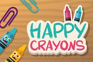 Värikkäitä hymyileviä värikyniä ja paperiliittimiä puupinnalla tekstillä Happy Crayons