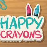 Värikkäitä hymyileviä värikyniä ja paperiliittimiä puupinnalla tekstillä Happy Crayons