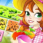 Hahmo hymyilee pitäen kädessään vihanneksia, taustalla on värikkäitä laattoja, joissa on erilaisia maatalouden visuaaleja