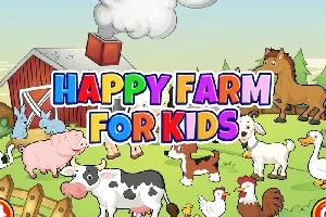 Sarjakuvamainen maatilanäkymä, jossa on eläimiä kuten lehmiä ja hevosia sekä värikäs teksti Happy Farm For Kids
