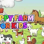 Sarjakuvamainen maatilanäkymä, jossa on eläimiä kuten lehmiä ja hevosia sekä värikäs teksti Happy Farm For Kids