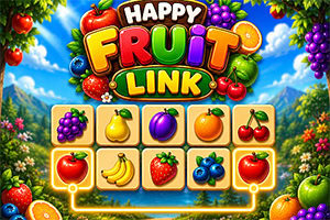 Värikäs hedelmäaiheinen peliruutu, jossa on Happy Fruit Link -logo, hedelmäkuvioisia ruutuja ja puutarhamaisema taustalla
