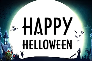 Kuu taustalla oleva kuva, jossa lukee Happy Helloween, ja etualalla näkyy lentäviä lepakkoja, noita luudalla sekä kurpitsa