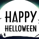 Kuu taustalla oleva kuva, jossa lukee Happy Helloween, ja etualalla näkyy lentäviä lepakkoja, noita luudalla sekä kurpitsa