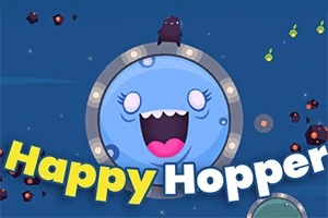 Sinisellä taustalla on iloinen, sininen hymyilevä pallo, jonka ympärillä leijuu pieniä värikkäitä esineitä, sekä teksti Happy Hopper