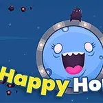Sinisellä taustalla on iloinen, sininen hymyilevä pallo, jonka ympärillä leijuu pieniä värikkäitä esineitä, sekä teksti Happy Hopper
