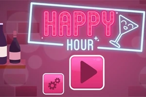 Vaaleanpunaisella taustalla on neonvaloilla tehty Happy Hour -kyltti, martini-lasi ja kaksi painiketta, joista toinen on play-merkki ja toinen rataskuvake