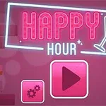 Vaaleanpunaisella taustalla on neonvaloilla tehty Happy Hour -kyltti, martini-lasi ja kaksi painiketta, joista toinen on play-merkki ja toinen rataskuvake