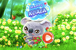 Koala värikkäässä mekossa seisoo vehreässä puutarhassa täynnä keltaisia kukkia ja pittoreskia metsämiljöötä, yläosassa teksti Happy Koala