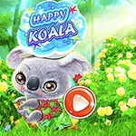 Koala värikkäässä mekossa seisoo vehreässä puutarhassa täynnä keltaisia kukkia ja pittoreskia metsämiljöötä, yläosassa teksti Happy Koala