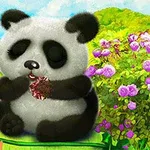 Suloinen panda syömässä jotain istuen kukkien ympäröimänä vehreässä maisemassa