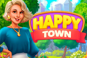 Piirroshahmo puistossa värikkäiden “Happy Town” -tekstien edessä