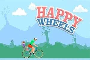 Happy Wheels Mies polkee polkupyörÀllÀ, jossa on lapsi kyydissÀ, kirkkaassa ja yksinkertaisessa maisemassa, jossa lukee Happy Wheels