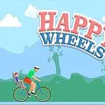 Happy Wheels Mies polkee polkupyörÀllÀ, jossa on lapsi kyydissÀ, kirkkaassa ja yksinkertaisessa maisemassa, jossa lukee Happy Wheels