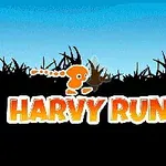 Oranssi hahmo juoksee tummaa siluettimaista maastoa vasten sinistä taivasta vasten, tekstillä HARVY RUNNER