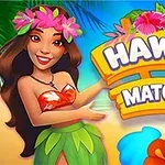 Nainen, jolla on hawaiilainen asu ja kukkaseppele, osoittaa värikästä kylttiä, jossa lukee Hawaii Match 4, trooppista taustaa vasten