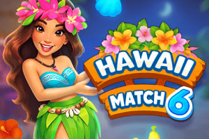 Hymyilevä kukkaseppeleinen nainen trooppisessa asussa pitelee HAWAII MATCH 6 -kylttiä palmujen ja kukkien keskellä