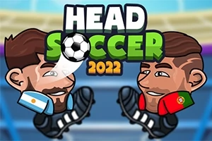 Kaksi sarjakuvamaista hahmoa pelaamassa jalkapalloa, yksi Argentiinan ja toinen Portugalin väreissä, sana HEAD SOCCER 2022 heidän yläpuolellaan