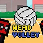 Kaksi pikselihahmoa vastakkain pihalla, keskellä pallo ja teksti Head Volley