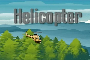 Retrografiikkatyylinen kuva ruskeasta helikopterista lentämässä metsän yläpuolella suurella tekstillä Helicopter taustalla