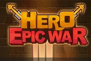 Keltainen ja punainen Hero Epic War -teksti, jossa on miekat ja tiiliseinä taustalla