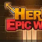 Keltainen ja punainen Hero Epic War -teksti, jossa on miekat ja tiiliseinä taustalla