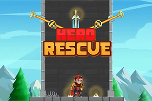 Piirroshahmo seisoo harmaan rakennuksen edessä, taustalla vuoria ja taivas, keskellä teksti HERO RESCUE