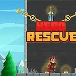 Piirroshahmo seisoo harmaan rakennuksen edessä, taustalla vuoria ja taivas, keskellä teksti HERO RESCUE