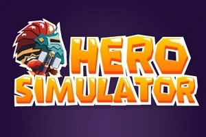 Kuvassa on sana Hero Simulator oransseilla kirjaimilla tummalla taustalla, ja tekstin vasemmalla puolella on soturinkypärä