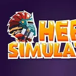 Kuvassa on sana Hero Simulator oransseilla kirjaimilla tummalla taustalla, ja tekstin vasemmalla puolella on soturinkypärä